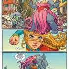 Drei Comic-Panels: Haiwesen ruft "Metropolis wird zu Sharkopolis"; Heldin kontert mit "No"; trägt das Wesen ans Meer mit "kühl dich ab".