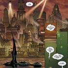 Texte: „ICH BIN ALLEIN...“, „Batman...“, „Nein, Clark.“ Skyline bei Nacht mit Luftschiff und Batmobil im Wasser.