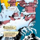 Texte: "Stille Nacht, Heilige Nacht... alles schläft...", "Christmas ... oder dumm-deutsch Weihnachten...", "Die Zeit, während der man sogar auf fernen Planeten..."

Gebäude mit Schnee bedeckt, Hintergrund ein großer gelber Mond und blauer Himmel, Vögel fliegen.