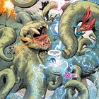 Texte: "WEISS JEMAND, WO AQUAMAN IST?", "HUB CITY", "DAS IST WAHN... SINN...". 

Illustration: Helden kämpfen gegen ein riesiges Monster mit Tentakeln in einer Stadt.