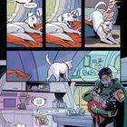 Text: "Krypto! Frühstück!", "Stretch", "So ein guter Junge."
Illustration: Ein Hund erwacht, streckt sich und interagiert fröhlich.
