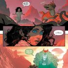 "ZUVOR, DIE WILDE INSEL, HÖLLE" über einer roten Landschaft mit einem Kind, Tier und Frau mit grünen Haaren.