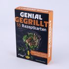 „GENIAL GEGRILLT, 55 Rezeptkarten.“ Eine Box zeigt gegrilltes Fleisch mit Gemüse auf einem Teller.