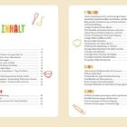 INHALT, Frühstück, Basisrezepte, Salate, Suppen. Illustrationen: Küchengeräte, Schüssel, Kochmütze, Rührbesen, Nudelholz.