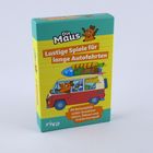 "Die Maus: Lustige Spiele für lange Autofahrten. 48 Reisespiele voller kreativer Ideen, Rätsel und Entdeckerspaß."  
Illustration: "Die Maus" im Auto.