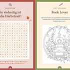 Wortsuchspiel mit herbstlichen Begriffen und eine Ausmalbild-Seite für Bücherliebhaber mit einer Tasse und Blättern.