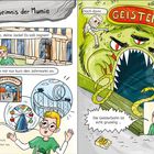 "Das Geheimnis der Mumie" steht auf einem Felsen. Eine Geisterbahn mit grünem Monster, Tom rennt zum Jahrmarkt.