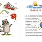 FEUER UND EIS. Waschbär mit Feuerwehrhut, Schlauch, Jacke und Auto. Eule mit Sirene, Feuer auf Eis.