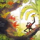 Text: "Es ist Zeit für Jim Panses Mittagessen. Hungrig pflückt er die allerletzte Banane der Bananenstaude." Illustration: Ein Affe pflückt eine Banane im dichten, bunten Dschungel.