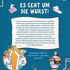 Es steht: "Es geht um die Wurst!". Illustration zweier Forscher, die sich abklatschen, daneben ein Kind auf einer Toilette mit Buch.