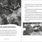 "Auf der Suche nach Gerlin" und Text über Maximus' Reise. Graue Tiere schauen in den Himmel, Eulen und ein Eichhörnchen.