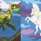 Links: Ein grünes, langhalsiges Wesen in einem See. Rechts: Ein nummeriertes Einhorn mit Flügeln vor bunten Wolken.