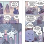 Comic mit lila-blauen Figuren in einer großen Halle, diskutierend über eine Invasion und brennendes Feuer.