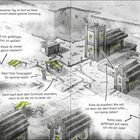 Ein Dorf am Rand der Schlucht. Menschen diskutieren laut. Gebäude sind pixelartig, mit grünen Fenstern.