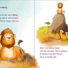 "Der neue König. Lino Löwe ist der neue König." Illustrationen von Löwen in einer savannenähnlichen Umgebung.