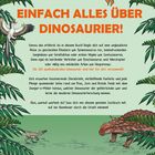 "EINFACH ALLES ÜBER DINOSAURIER!" Bunte Dinosaurier auf grünem Hintergrund, umgeben von Pflanzen. Oben fliegen Dinosaurier.