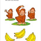 Text oben: "Der größte Affe bekommt am meisten Bananen...". Drei Affen auf grünen Matten, unten drei Büschel Bananen.