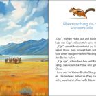 „Überraschung an der Wasserstelle“ steht über einem Chipmunk. Malerische Landschaft mit Bergen und einer Pferdeherde.