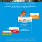 Ein Werbeplakat für Leselöwen-Bücher mit einem Wolf, einem Bären und einem Adler im Hintergrund. Es stellt Leseprogramme vor.