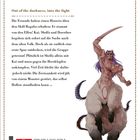 Text über eine Suche nach dem Skill Regalia. Eine Figur, halb Mensch, halb Tier mit violettem Haar, ist rechts unten.