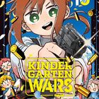 Der Titel lautet "Kindergarten Wars". Oben steht "10". Ein Anime-Charakter mit Pistole, umgeben von Patronenhülsen.