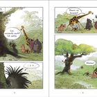 "Jim Stinkt's". Tiere verstecken sich; Giraffe ruft "Baum ist besetzt!" und Gorilla "Blätter!" Figuren in einem Wald.