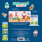 "Stickerspaß für kleine Hände" in großen Buchstaben. Weihnachten-Motive mit kindlichem Design und Santa, Baum, Geschenk.
