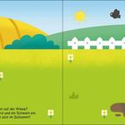 „Auf der Wiese“. Eine bunte Illustration mit grünem Feld, Baum, Zaun, Sonne und einer Pfütze.