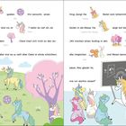 Emma und Lea spielen. Vivi versucht, einen Ball zu fangen. Unterricht mit Einhörnern bei Frau Wunder. Zeichnungen an der Tafel.