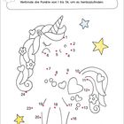Text: "Wer hat sich hier versteckt? Verbinde die Punkte von 1 bis 24, um es herauszufinden." Eine Einhorn-Ausmalvorlage mit bunten Sternen.