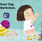 Texte: "Es war so ein schöner Tag. Nun ist es Zeit fürs Bettchen." und "Hilfst du mir, das Spielzeug aufzuräumen?" 

Darstellung: Illustration eines Kindes bei Spielzeug mit einem Hund.