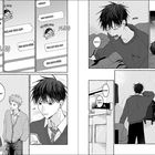 Chat-Texte: "Bin auch müde." "Ich sitz nicht mehr neben dir, kann dich nicht wecken!" Junge im Bett, Chatting, Schulweg. Manga-Stil.