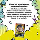 Ein buntes, dynamisches Design mit einem Pokal und Rennflaggen. Eine Illustration mit Lewis Hamiltons Erfolgen in der Formel 1.