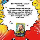 „Eine Formel-1-Legende hautnah!“ steht oben. Illustration mit Rennmotiven, einem Portrait und Schriftzug „Lewis Hamilton".