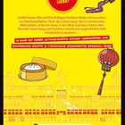 "IST DAS NICHT EINFACH LIEBE?" Text auf gelbem Hintergrund, rote kreisförmige Fläche, Laterne, Dim-Sum-Box, Gebäudesilhouette.