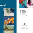 "Inhalt" in weiß auf blauem Hintergrund. Darunter sind abstrakte Gemälde in verschiedenen Farben. Rechte Seite mit Text.