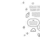 "HALLO UND SCHÖN, DASS DU DA BIST!” steht oben. Darunter Tipps zum Ausmalen und Einladung, Kunst zu teilen. Verspielte Illustrationen.