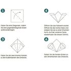 Anleitung zur Origami-Faltung einer Sakura-Blüte in sieben Schritten mit nummerierten Skizzen und Faltanweisungen.