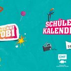 "Checker Tobi", "Schülerkalender 2026/2027". Bunte Grafik mit Papagei, Filmklappe, Sonnenblume und Zuckerwatte.
