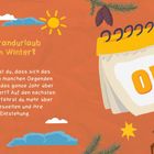 Text: "Strandurlaub im Winter?" mit Erklärung über konstantes Wetter. Illustration mit Kalender, Sonne, Wolken, Tannen, Reh.