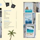 "Inhalt", "Grundlagen", "Projekte" und eine Liste von Themen. Bilder von Kunstmaterialien, Strandmotiven und einer Palme.