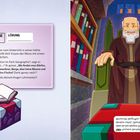 Eine Karte enthält keine Bewohner, Bäume, Fische. Illustration eines lächelnden alten Mannes in einer Bibliothek.