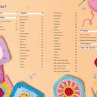 Inhalt mit Seitenzahlen zu Vorwort, Grundlagen und Muster. Bunte Häkelquadrate und Zubehör, wie Schere und Garn, sind zu sehen.