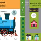 Das Bild zeigt eine blaue Dampflok und eine Landschaft. Text: "Das ist eine Dampflok. Kannst du die Dampflok durch die Landschaft fahren?"