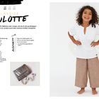 **LÄSSIGE CULOTTE**

Ein Kind trägt eine weite, braune Culotte und ein weißes Oberteil. Links Material- und Zuschnitt-Anweisungen.