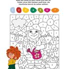 Heinzelmännchen und Pumuckl Malen-nach-Zahlen mit buntem Pumuckl links, fröhlichem Heinzelmännchen, Gießkanne und Blumen.