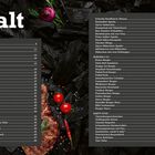 "Inhalt" sind große, weiße Buchstaben oben links. Zwei schwarze Textblöcke mit Rezeptnamen. Grillbesteck und Gewürze daneben.