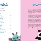 Inhalt mit Grundlagen und Projekte; Vorwort über Häkelpuppen. Links ein gelbes Küken, unten Karotte und Panda.