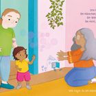 "Omi kommt zur Tür herein, Ein Küsschen jetzt? Mein Bauch sagt 'Nein'. Ein Winken fühlt sich besser an... Ich darf 'Nein' sagen."  
Eine Illustration mit einem Kind, einem Erwachsenen und einer älteren Frau. Die ältere Frau kniet und streckt die Arme aus, während das Kind andeutet, zu winken. Es gibt kindliche Zeichnungen an den Wänden und ein buntes Bild von einem Regenbogen. Spielzeug und eine Tasche liegen auf dem Boden.