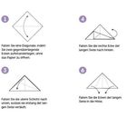Anleitung für Origami-Gans mit 7 Schritten, beginnend mit Falten entlang der Diagonalen bis zur Fertigstellung der Figur.